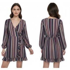 ⭐Women's Size M Multi-Color Striped Boho V-Neck Long Sleeve Ruffle Detail Dress⭐